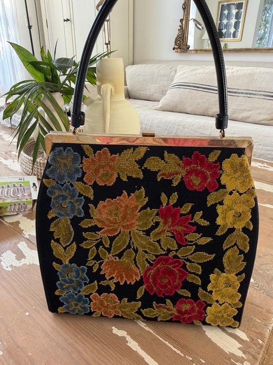 Vintage Handbags - Vintage Black Needlepoint Floral Shoulder Bag with Multicolor Embroidery